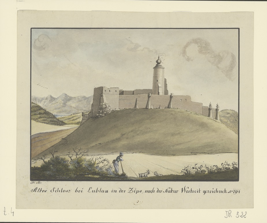 Zamek w&nbsp;Starej Lubowli na&nbsp;rycinie z&nbsp;XVIII w., fot. Polona