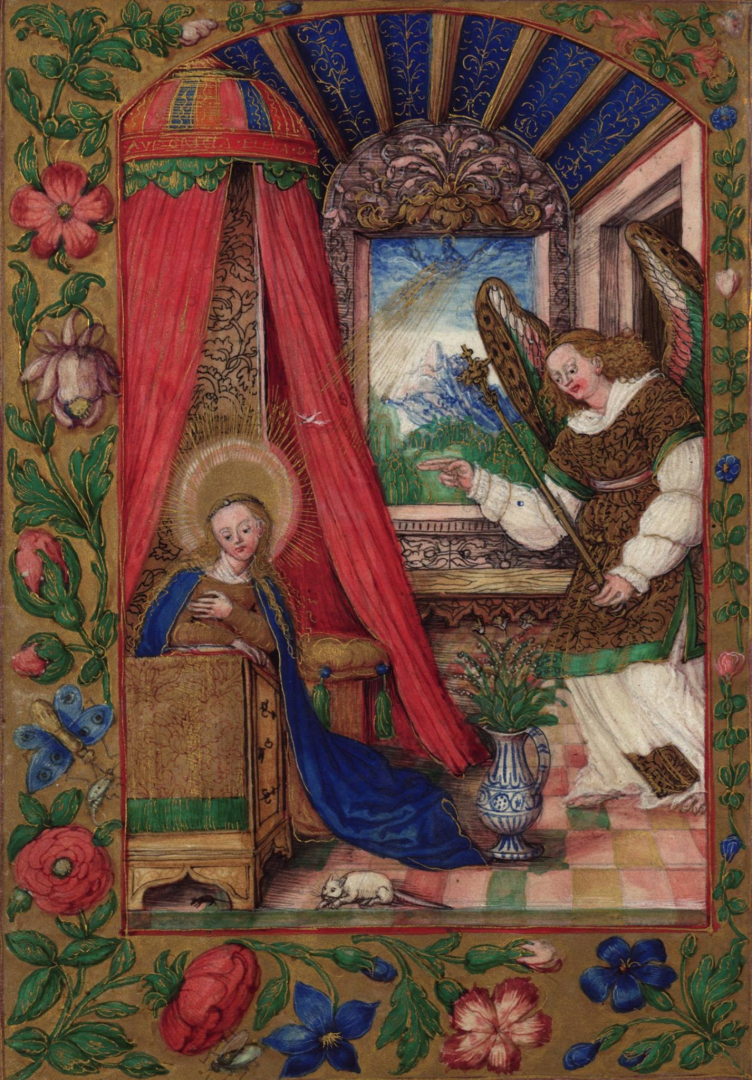 S. Samostrzelnik z&nbsp;warsztatem, Zwiastowanie, ilustracja z&nbsp;tomu: Modlitewnik Olbrachta Gasztołda kanclerza wielkiego litewskiego 1528 r. Facsimile, wstęp W. Wydra, Poznań 2015, seria „Libri Precationum Illuminati Poloniae Veteris”