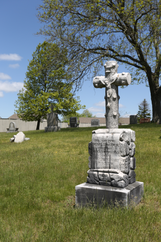 Cmentarz w Nashua, krzyż stylizowany na pień drzewa na skałkach